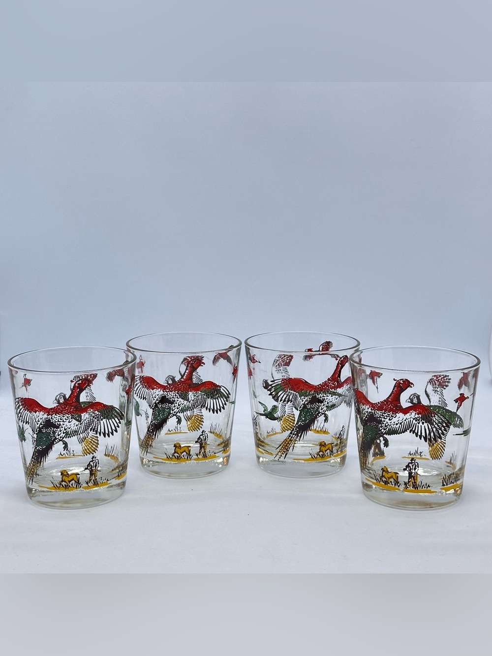 Set of 4 Hazel Atlas Golden Pheasants Whiskey Barware Rocks Low-Ball Glasses VTG